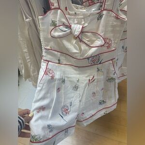 Caroline Constas White Linen Dress with Red Piping and Multicolor Print